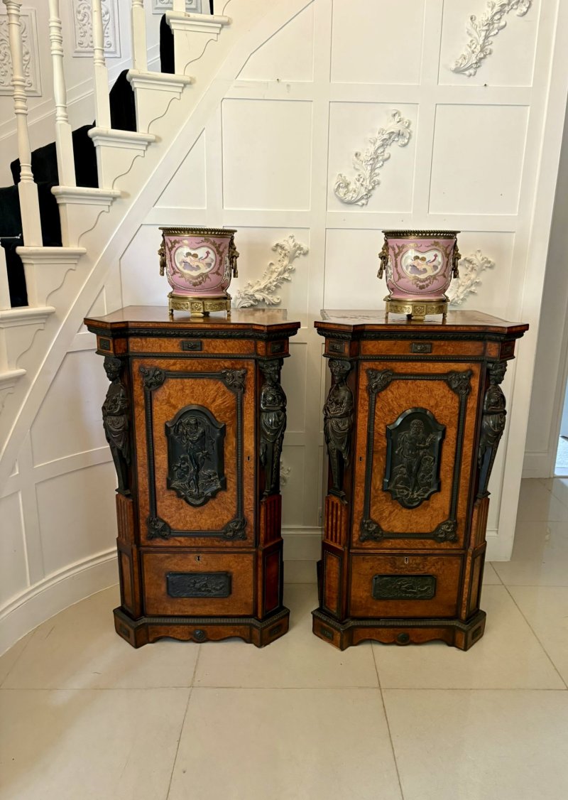 Exhibition Quality Pair of Antique Victorian Amboyna and Carved Ebony Pedestals - Image 2